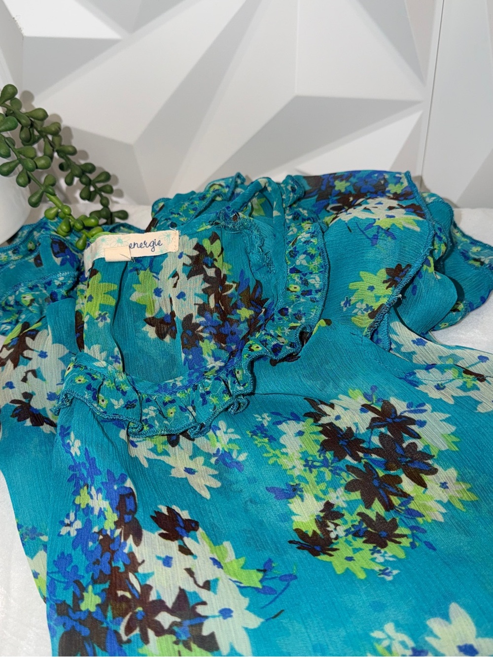 Energie Teal Sheer Floral Ruffle Neck